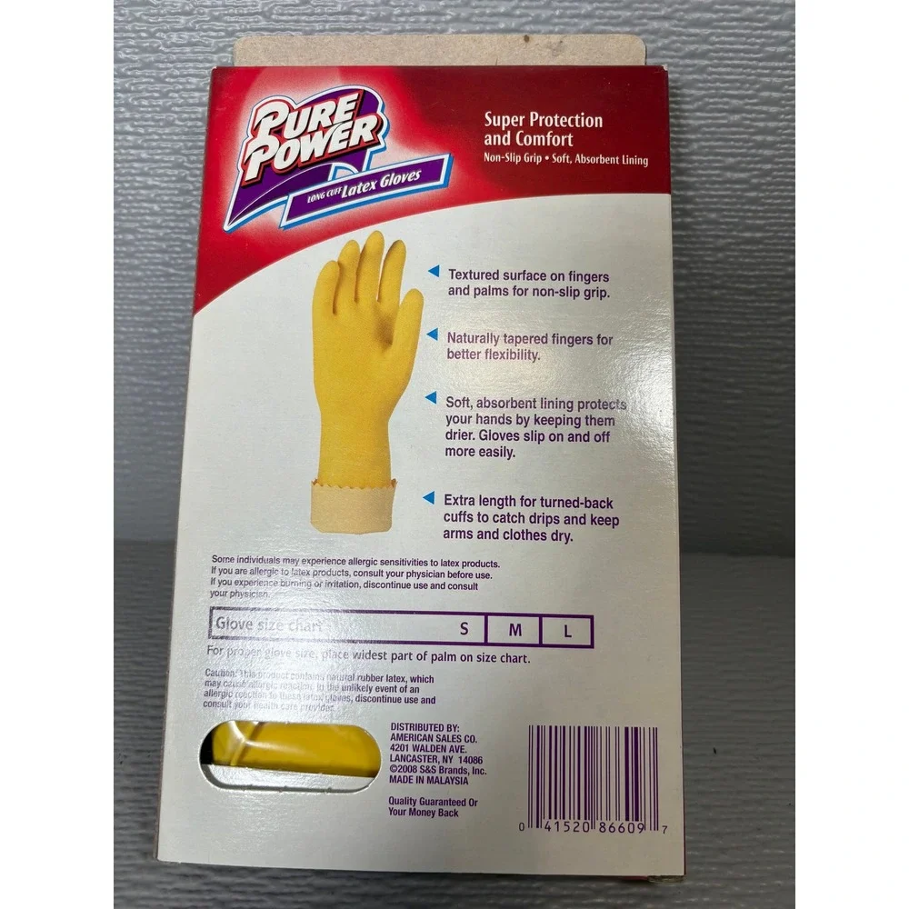 Pure Power Long Cuff Latex Gloves Yellow Medium Non-Slip Grip 1 Pair NEW